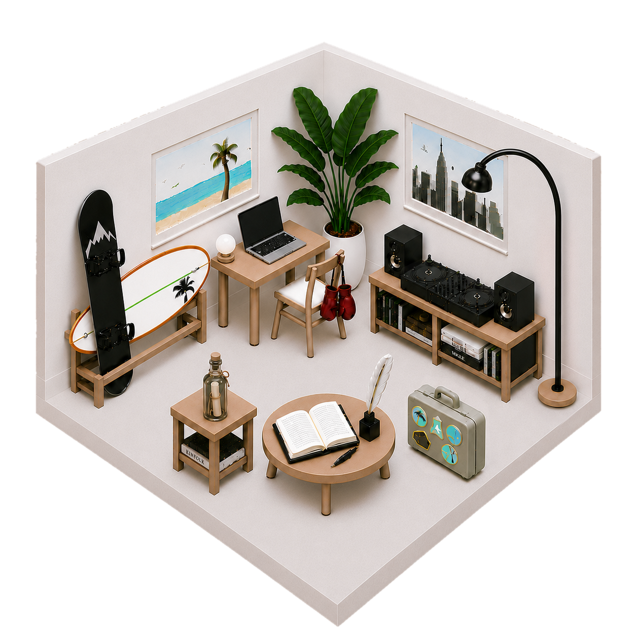 An isometric diorama of a personal room with a snowboard, desk, DJ setup, plants and a coffee table